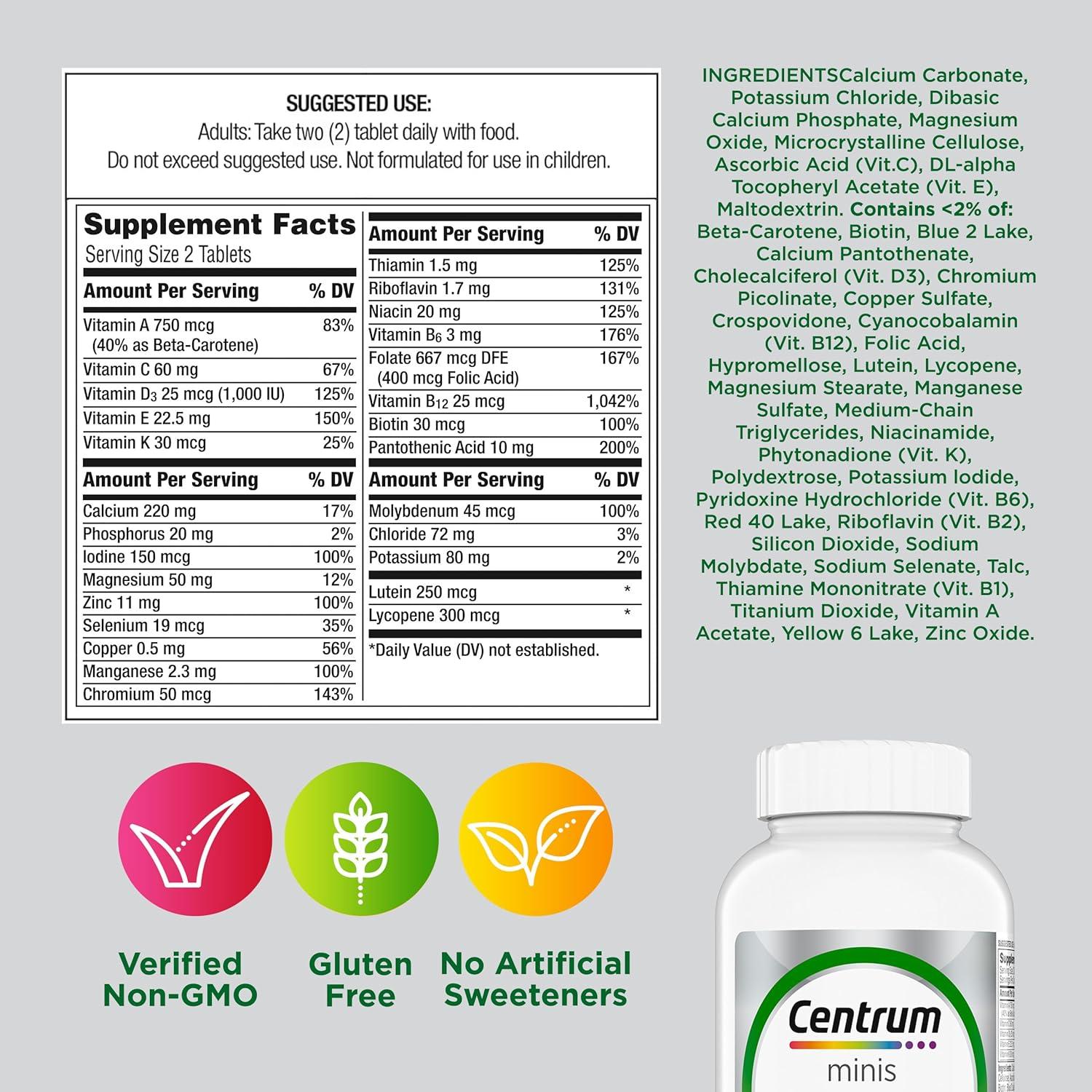 image:imageCentrum Minis Silver Multivitamin for Adults 50 Plus Multimineral Supplement Vitamin D3 BVitamins Gluten Free NonGMO Ingredients Supports Memory and Cognition in Older Adults 320 Ct