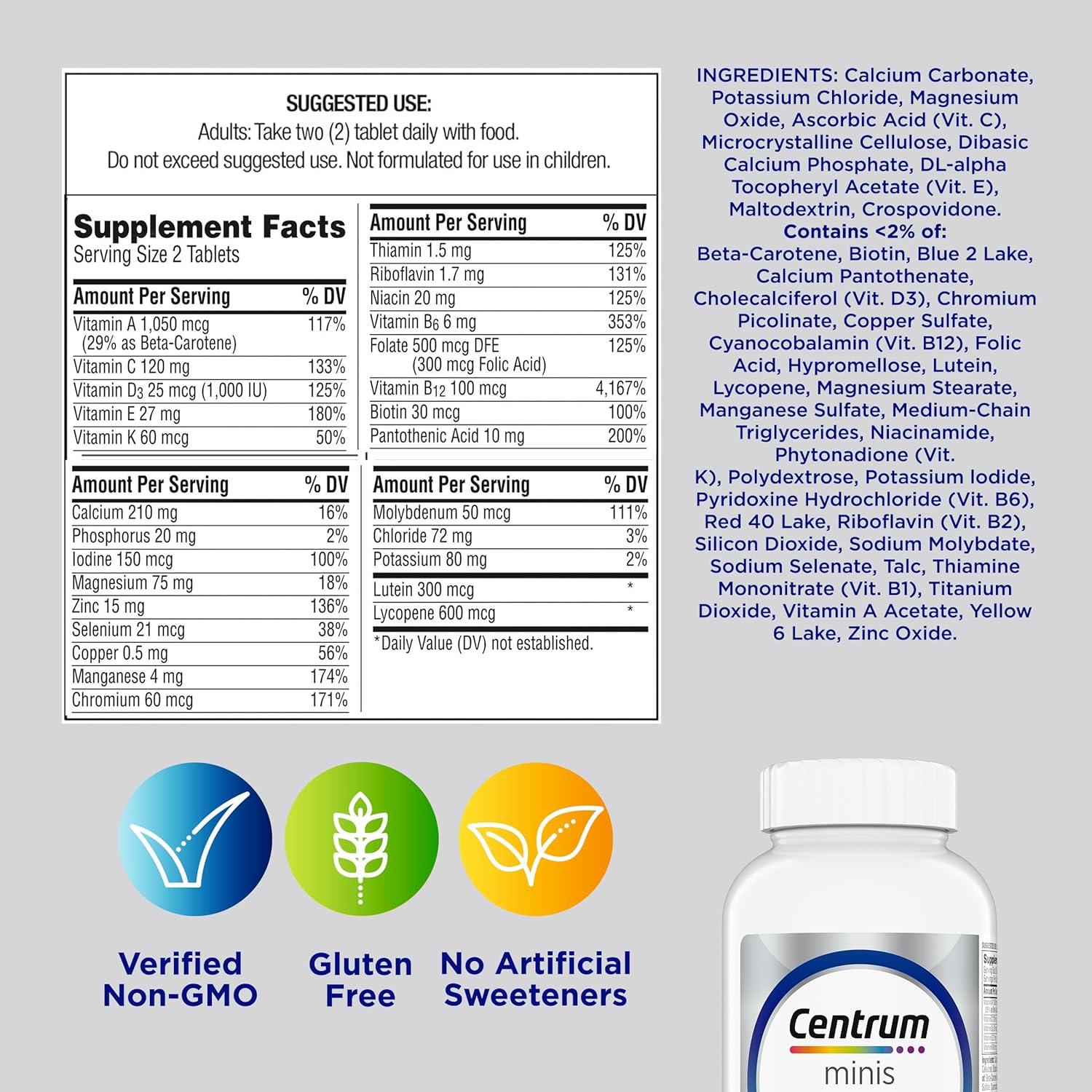 image:imageCentrum Minis Silver Multivitamin for Men 50 Plus MultivitaminMultimineral Supplement Vitamin D3 BVitamins and Zinc NonGMO Ingredients Supports Memory and Cognition in Older Adults 280 Ct