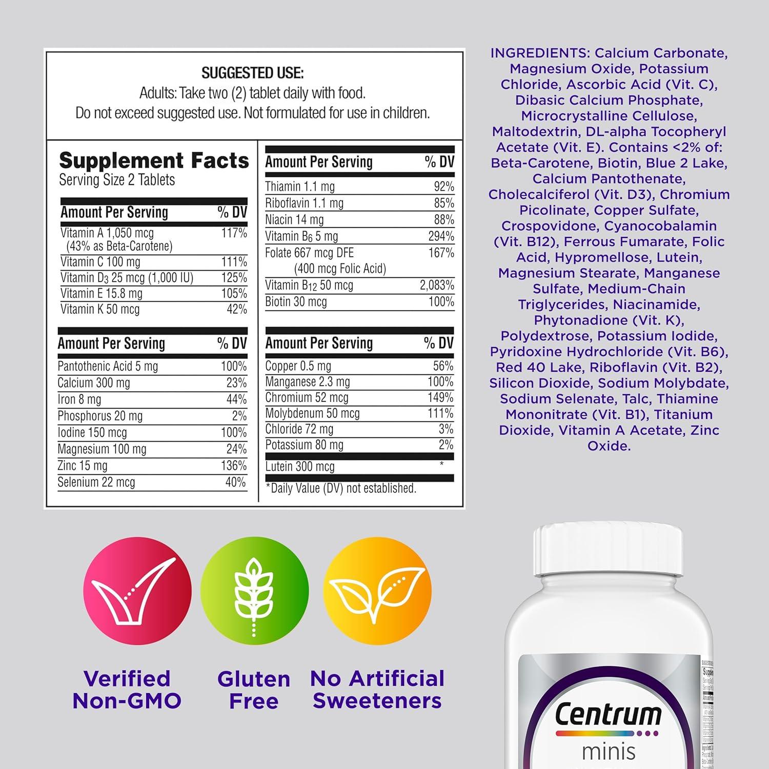 image:imageCentrum Minis Silver Womens Multivitamin for Women 50 Plus Multimineral Supplement with Vitamin D3 B Vitamins NonGMO Ingredients Supports Memory and Cognition in Older Adults 280 Ct
