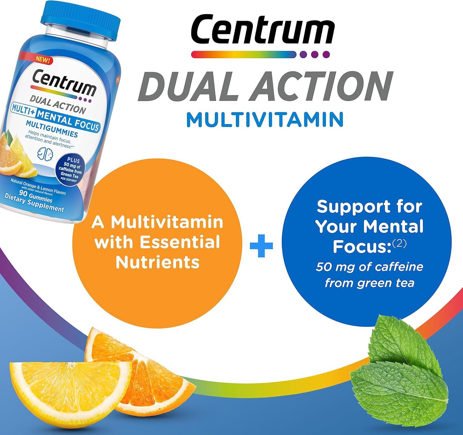 image:imageCentrum MultiGummies Multi Dual Action Mental Focus Adult Multivitamin with Caffeine from Green Tea Supports Mental Focus Attention and Alertness LemonOrange Flavors 90 Count