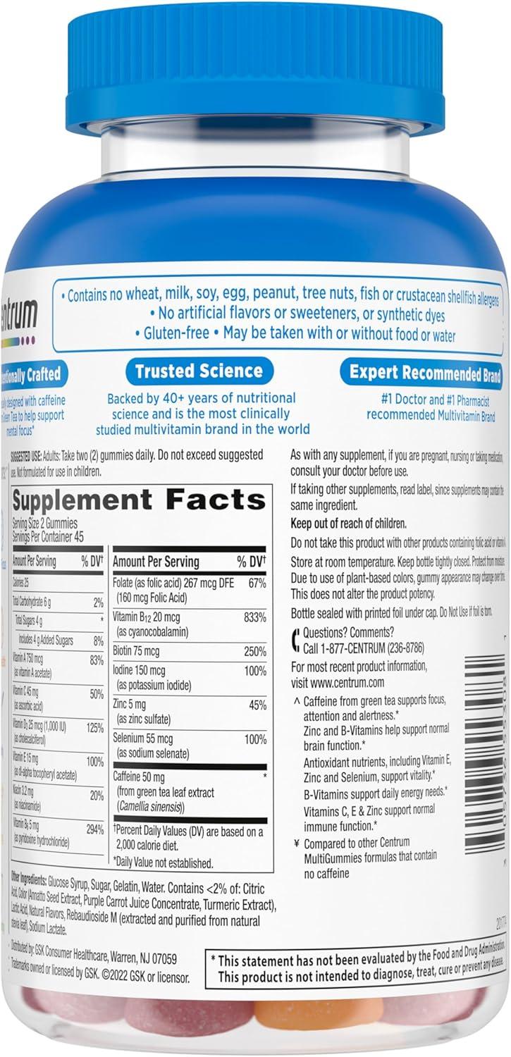 image:imageCentrum MultiGummies Multi Dual Action Mental Focus Adult Multivitamin with Caffeine from Green Tea Supports Mental Focus Attention and Alertness LemonOrange Flavors 90 Count