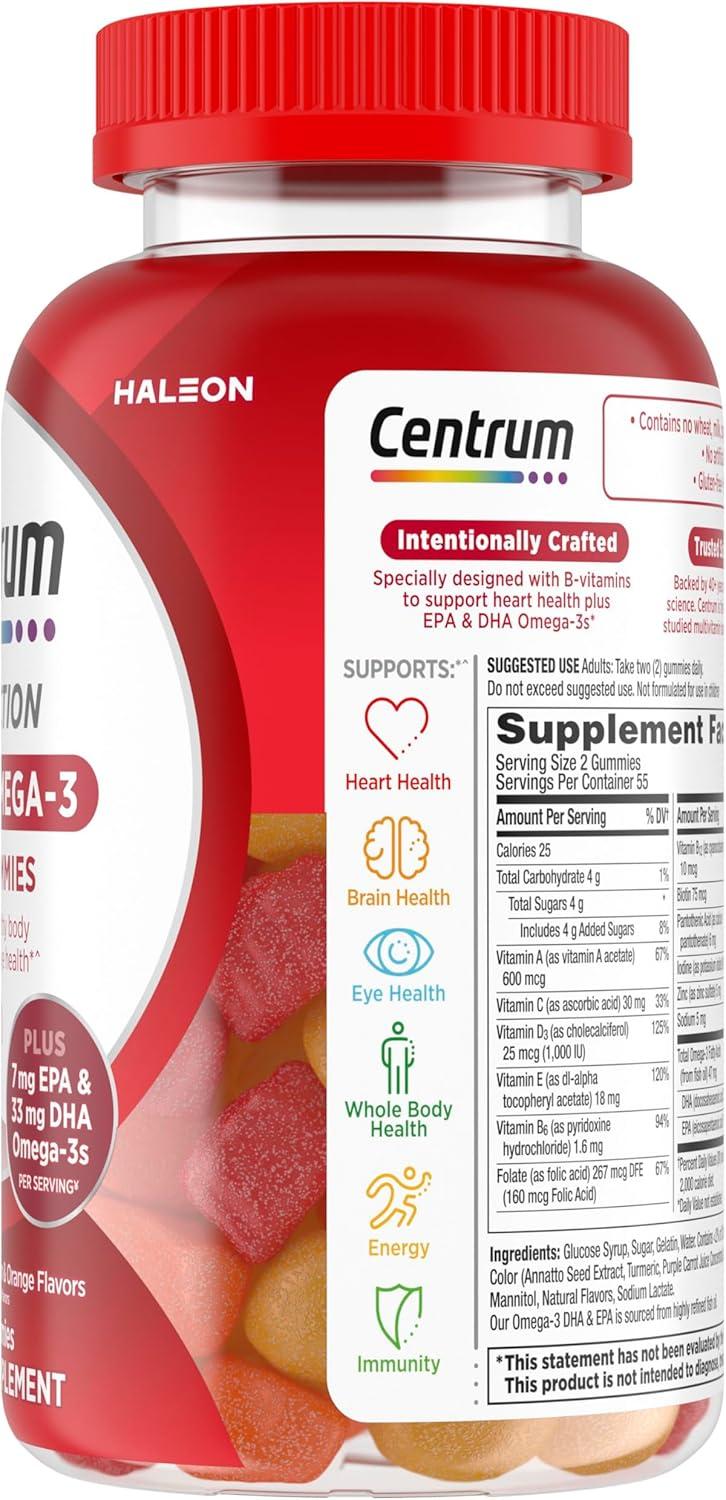 image:imageCentrum MultiGummies Multi Omega 3 Dual Action Adult Multivitamin MultivitaminMultimineralOmega 3 Supplement StrawberryLemonOrange Flavors 110 CountNew