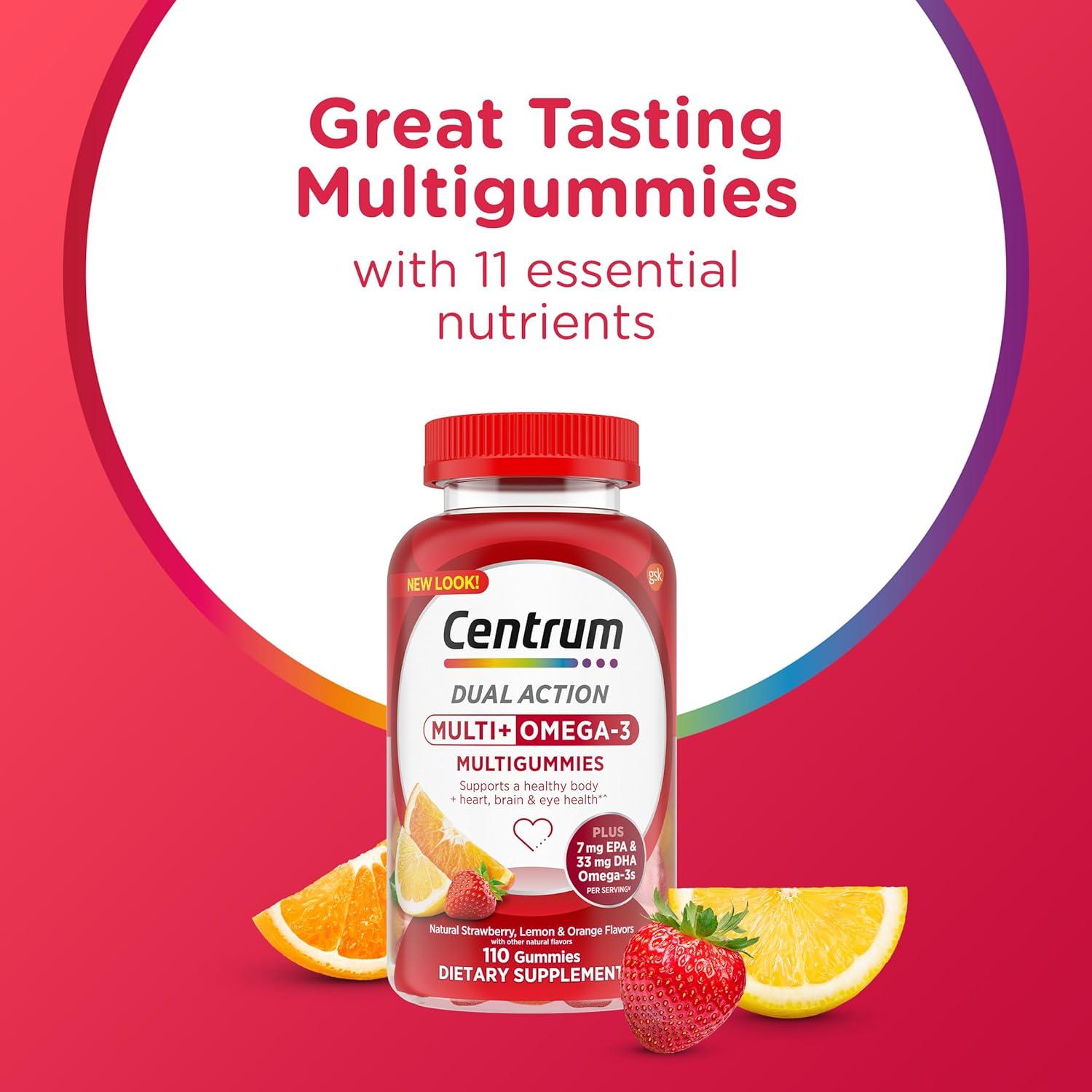 image:imageCentrum MultiGummies Multi Omega 3 Dual Action Adult Multivitamin MultivitaminMultimineralOmega 3 Supplement StrawberryLemonOrange Flavors 110 CountNew