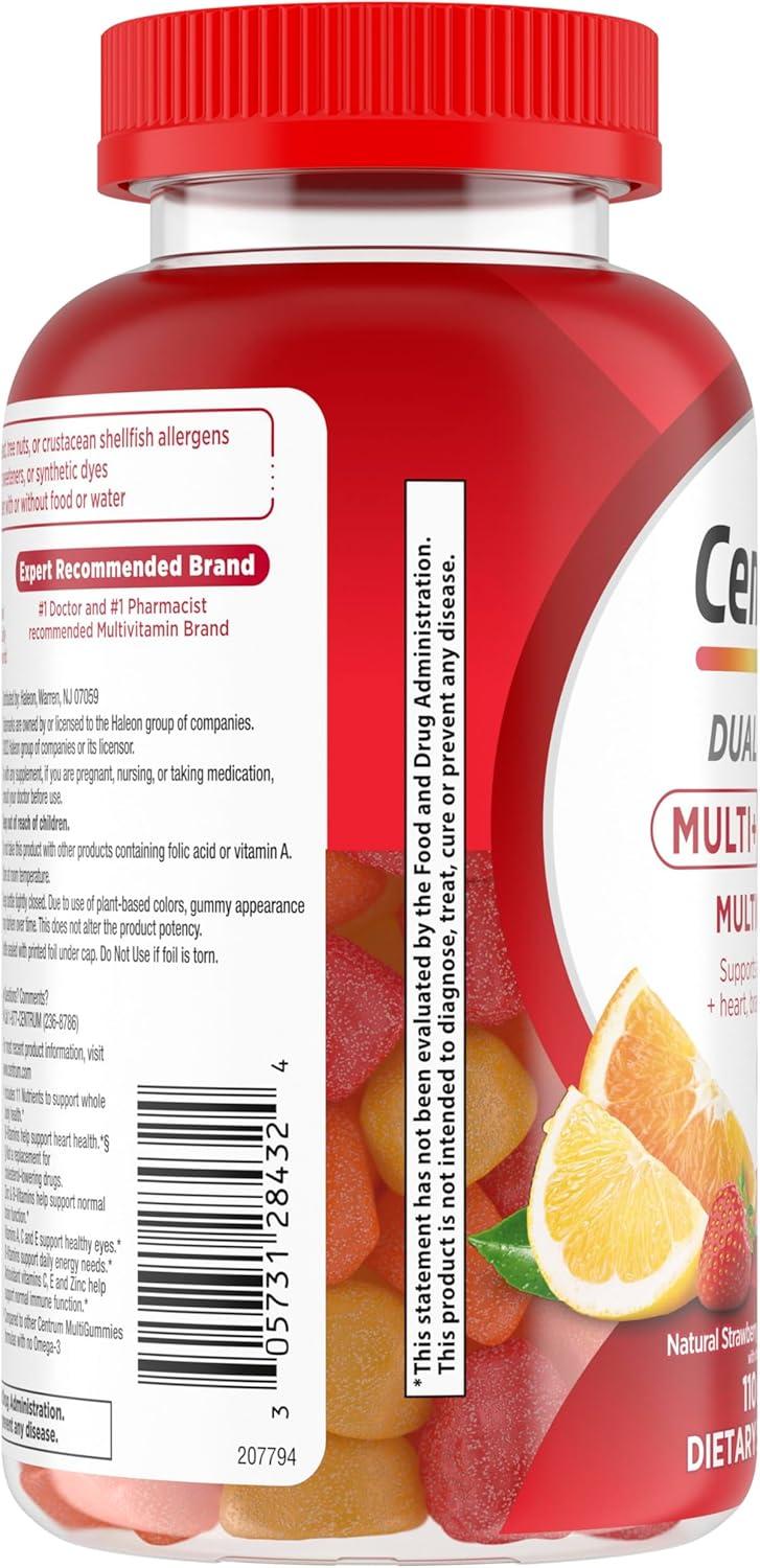 image:imageCentrum MultiGummies Multi Omega 3 Dual Action Adult Multivitamin MultivitaminMultimineralOmega 3 Supplement StrawberryLemonOrange Flavors 110 CountNew