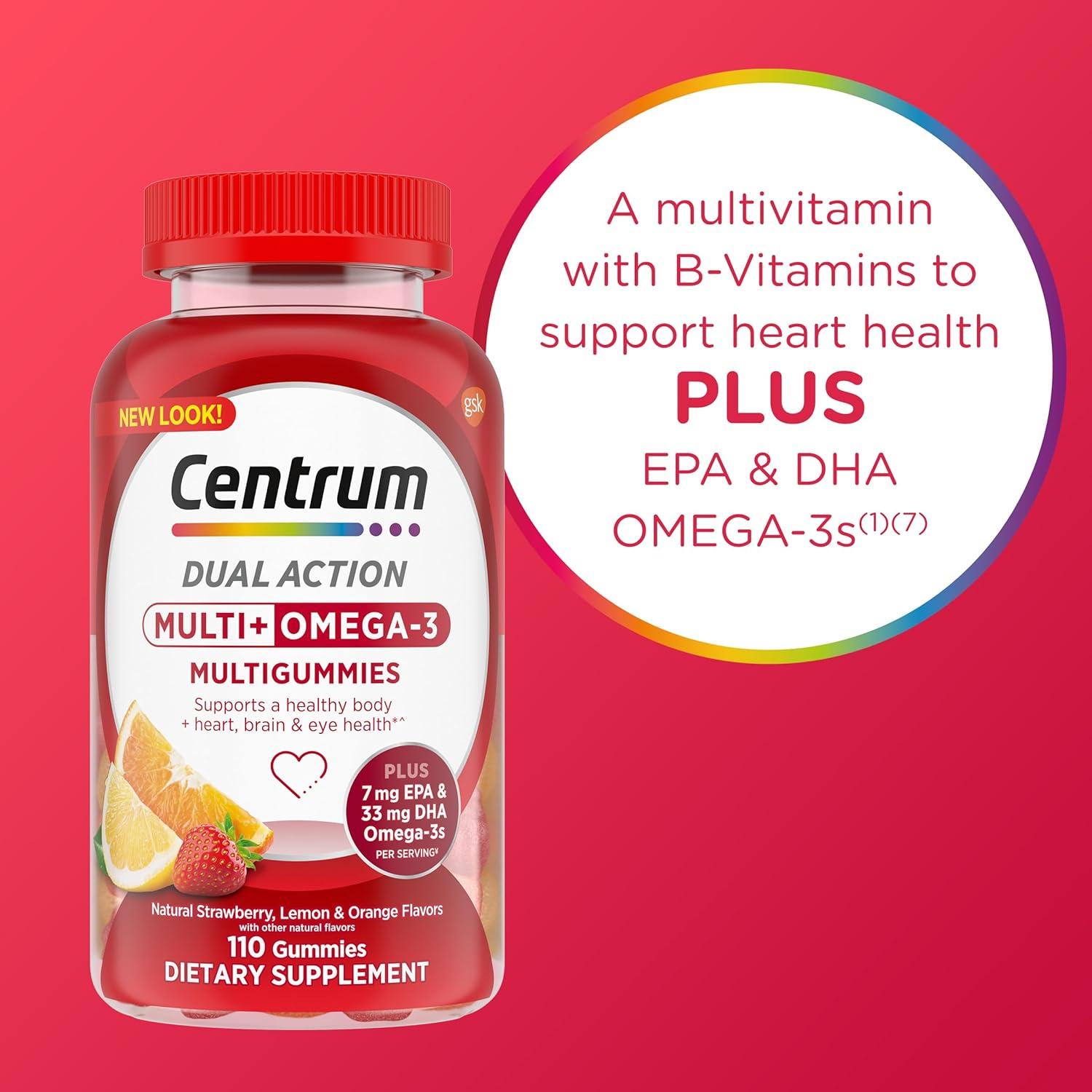 image:imageCentrum MultiGummies Multi Omega 3 Dual Action Adult Multivitamin MultivitaminMultimineralOmega 3 Supplement StrawberryLemonOrange Flavors 110 CountNew
