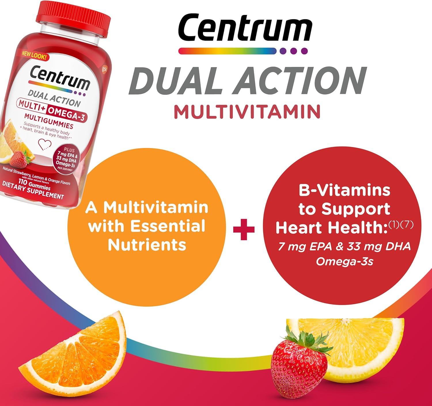 image:imageCentrum MultiGummies Multi Omega 3 Dual Action Adult Multivitamin MultivitaminMultimineralOmega 3 Supplement StrawberryLemonOrange Flavors 110 CountNew