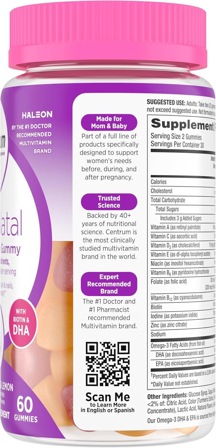 image:imageCentrum Postnatal Multivitamin Gummies with Biotin and DHA Mixed Berry and Lemon Flavors 60 Count 30 Day Supply