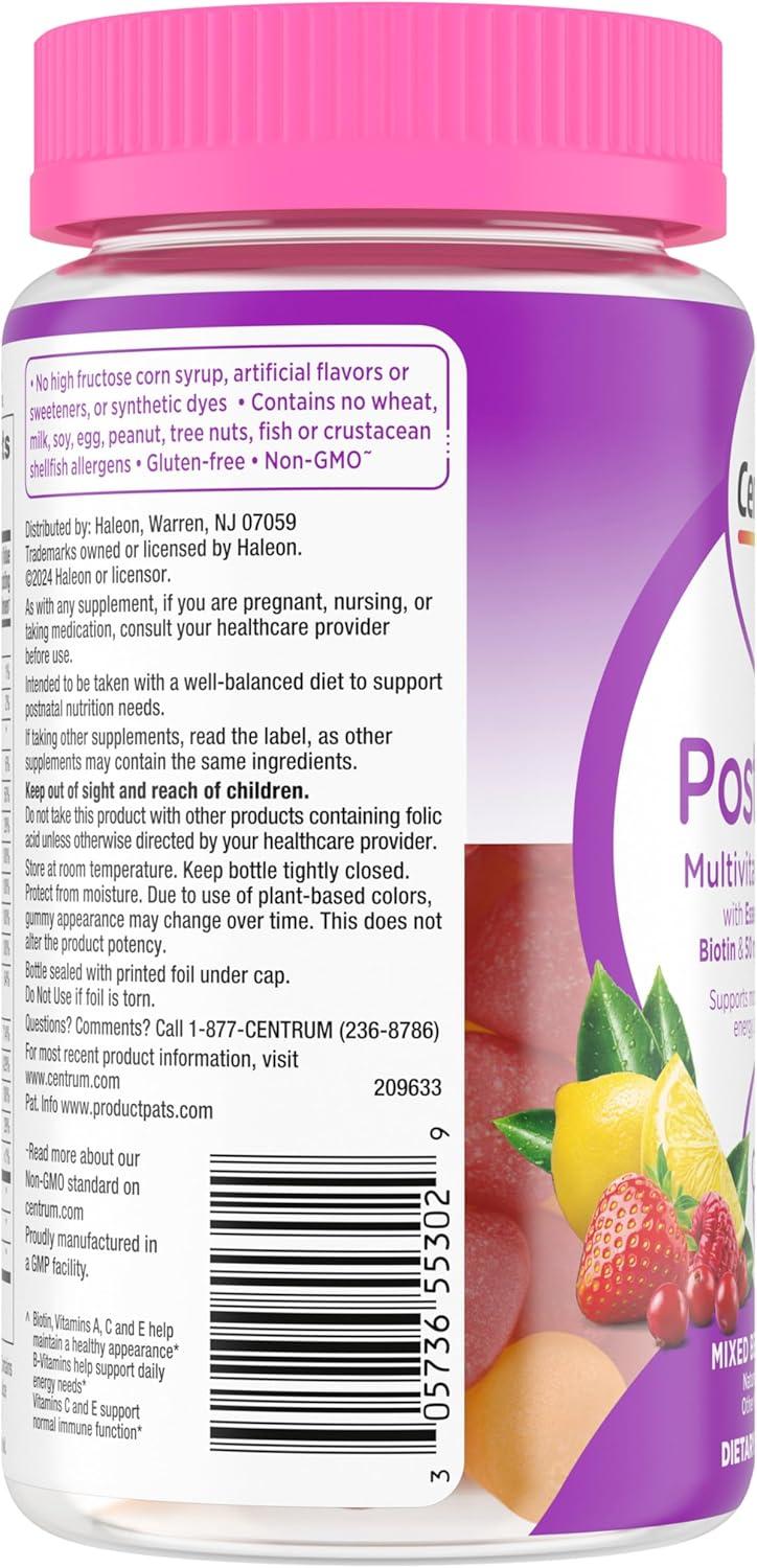 image:imageCentrum Postnatal Multivitamin Gummies with Biotin and DHA Mixed Berry and Lemon Flavors 60 Count 30 Day Supply