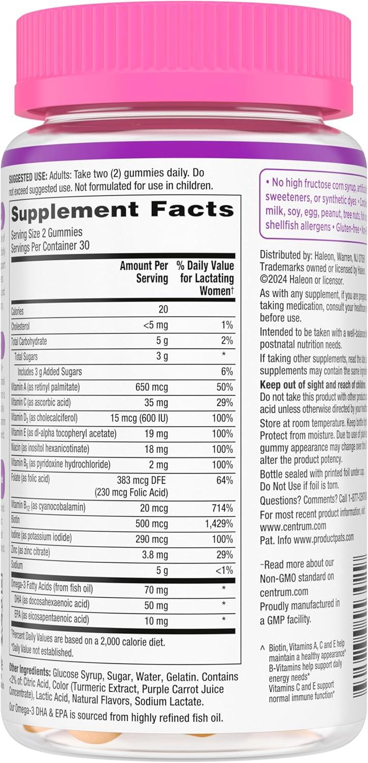 image:imageCentrum Postnatal Multivitamin Gummies with Biotin and DHA Mixed Berry and Lemon Flavors 60 Count 30 Day Supply
