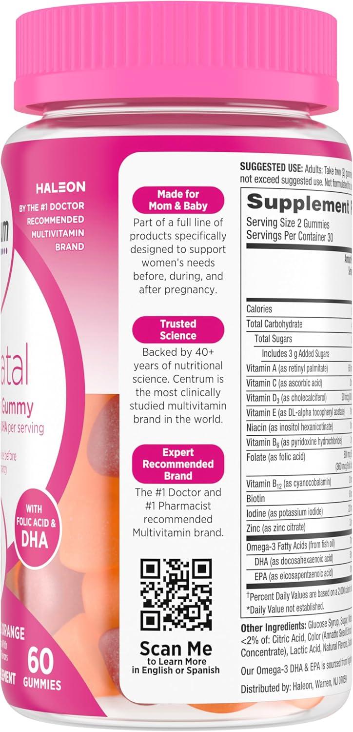 image:imageCentrum Prenatal Multivitamin Gummies with DHA and Folic Acid Mixed Berry and Orange Flavors 60 Count 30 Day Supply