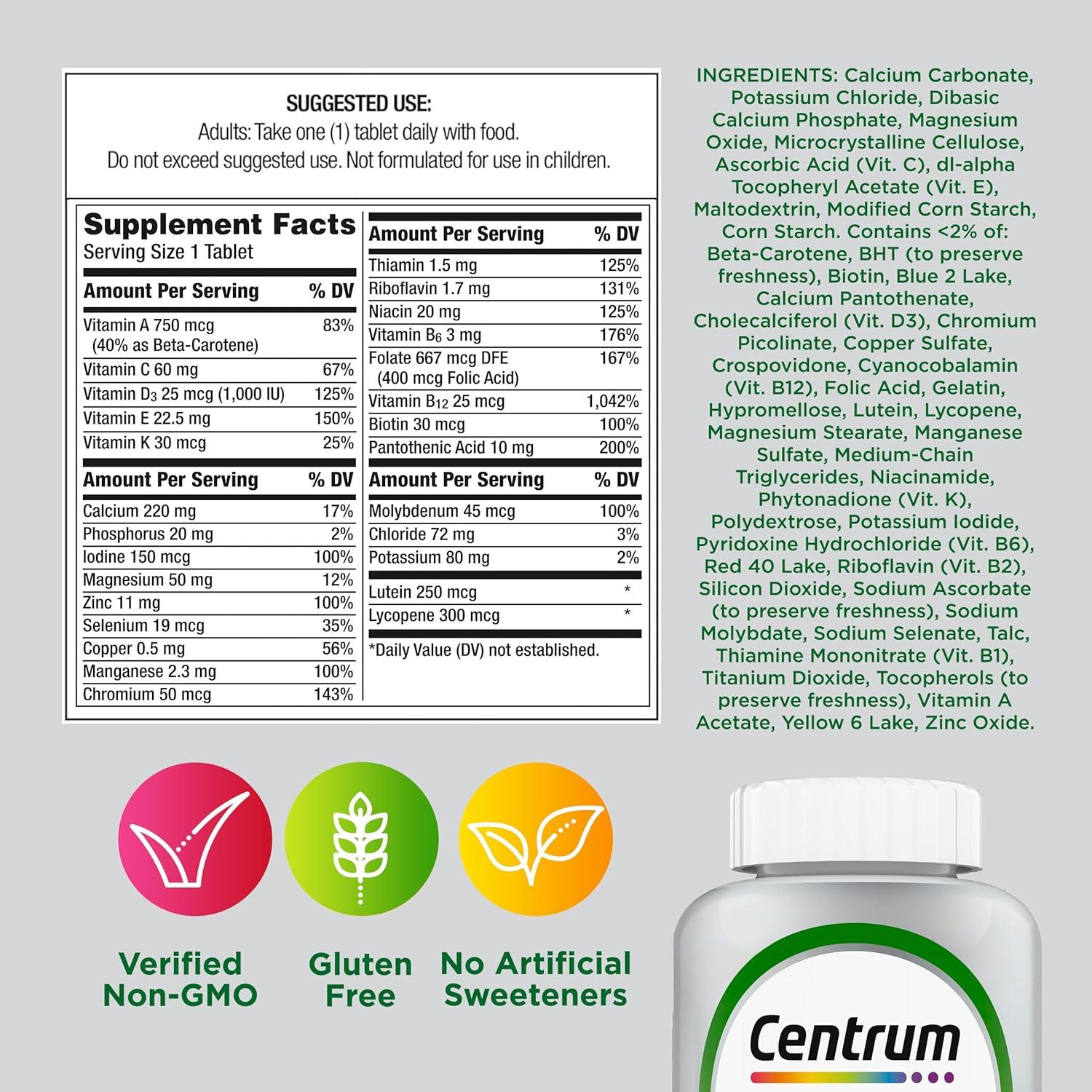 image:imageCentrum Silver Multivitamin for Adults 50 Plus MultivitaminMultimineral Supplement Vitamin D3 B Vitamins Gluten Free NonGMO Ingredients Supports Memory and Cognition in Older Adults 220 Ct