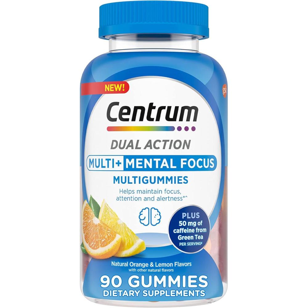 image:imageCentrum MultiGummies Multi Dual Action Mental Focus Adult Multivitamin with Caffeine from Green Tea Supports Mental Focus Attention and Alertness LemonOrange Flavors 90 Count