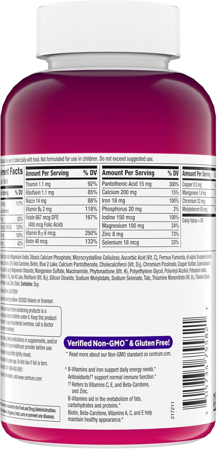 image:imageCentrum Multivitamin for Women Multimineral Supplement with Iron Vitamin D3 B Vitamins and Antioxidant Vitamins C and E Gluten Free NonGMO Ingredients 250 CountNutritional Supplement