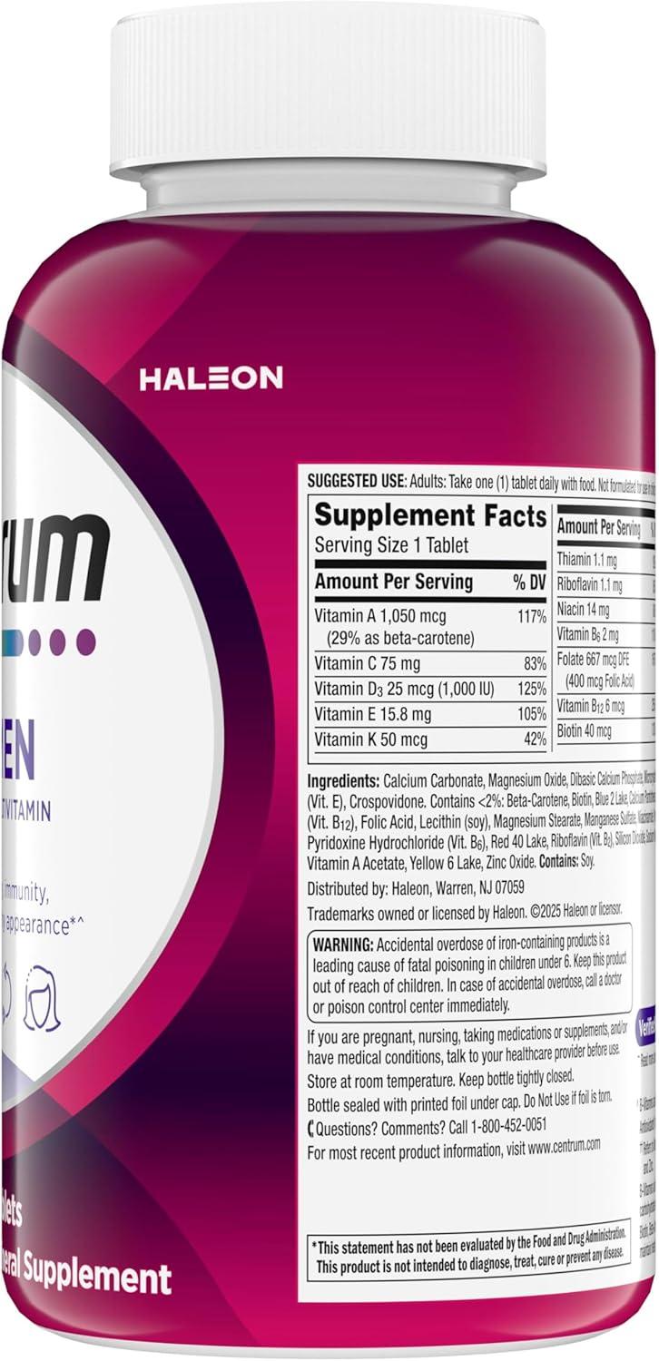 image:imageCentrum Multivitamin for Women Multimineral Supplement with Iron Vitamin D3 B Vitamins and Antioxidant Vitamins C and E Gluten Free NonGMO Ingredients 250 CountNutritional Supplement