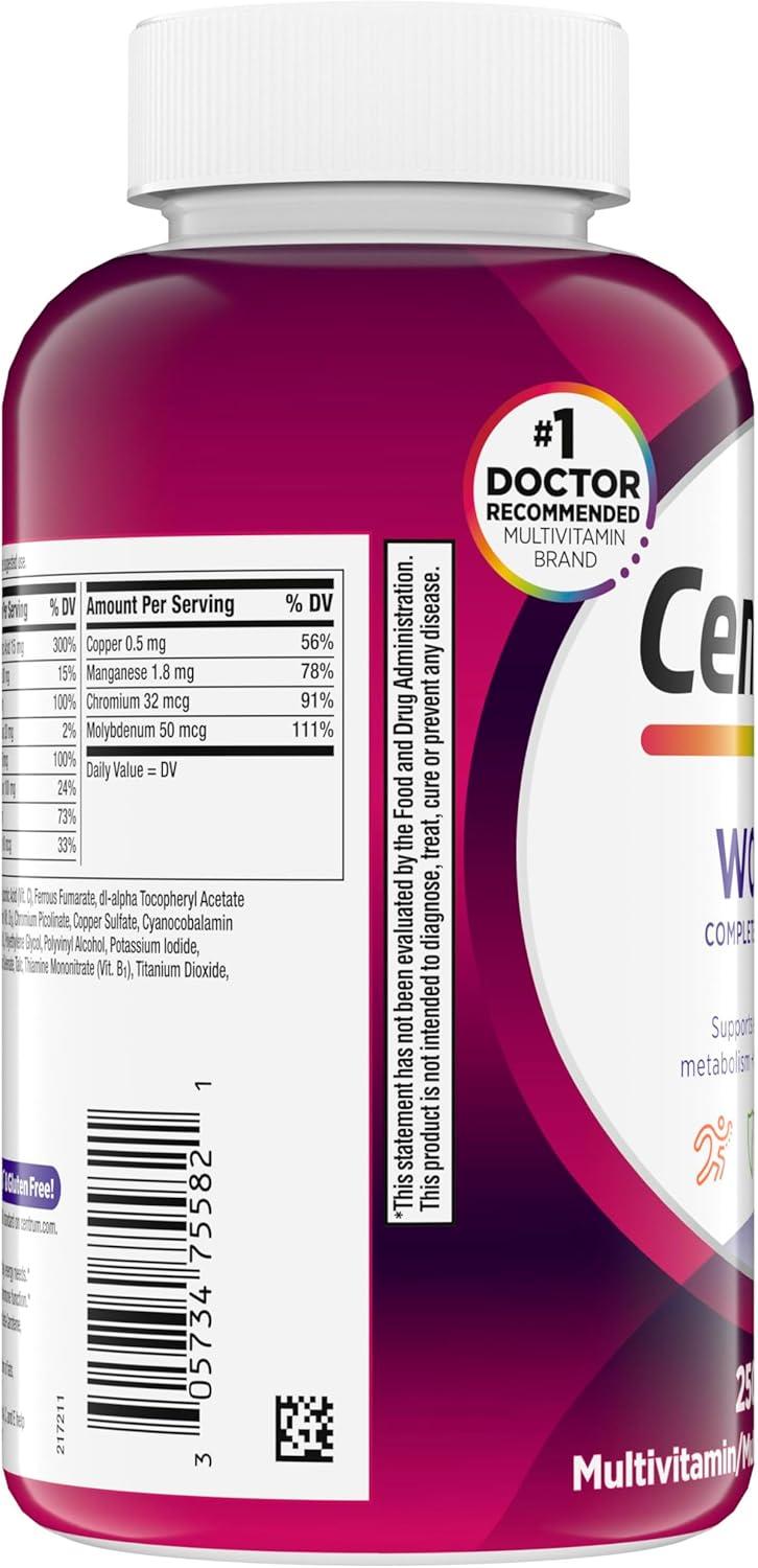 image:imageCentrum Multivitamin for Women Multimineral Supplement with Iron Vitamin D3 B Vitamins and Antioxidant Vitamins C and E Gluten Free NonGMO Ingredients 250 CountNutritional Supplement