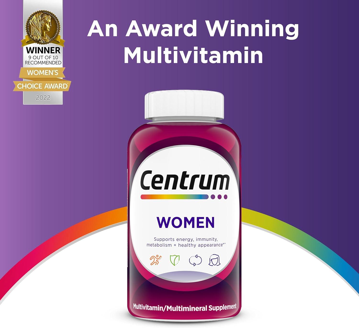 image:imageCentrum Multivitamin for Women Multimineral Supplement with Iron Vitamin D3 B Vitamins and Antioxidant Vitamins C and E Gluten Free NonGMO Ingredients 250 CountNutritional Supplement