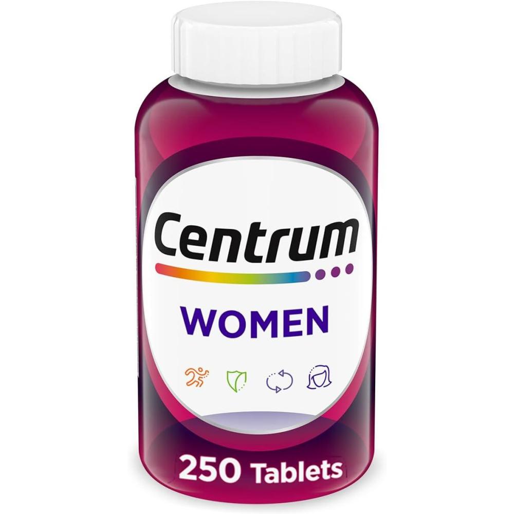 image:imageCentrum Multivitamin for Women Multimineral Supplement with Iron Vitamin D3 B Vitamins and Antioxidant Vitamins C and E Gluten Free NonGMO Ingredients 250 CountNutritional Supplement